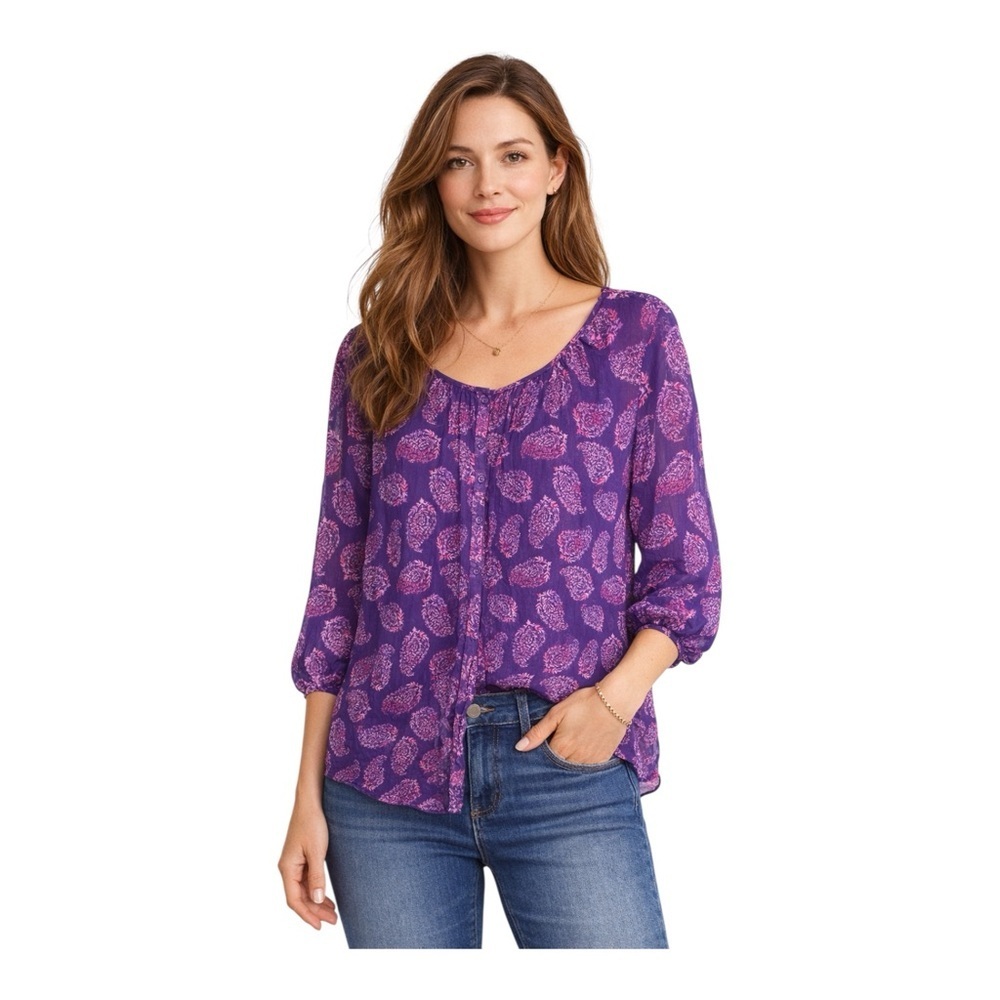 St. John’s Bay Sheer Purple Paisley Blouse 1X 3/4 Sleeve Pintuck Button Front